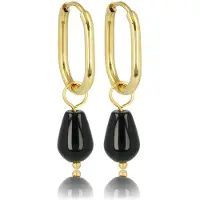 My Bendel - Goudkleurige Oorringen met Onyx Peervormige Hanger - 30 Mm Lang - met Luxe Cadeauverpakking | Sieraden Voor Dames