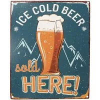 Clayre & Eef Tekstbord 20x25 cm Blauw Geel Ijzer Ice cold beer Wandbord Blauw Wandbord
