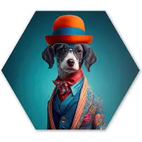 MuchoWow Hexagon wanddecoratie - Kunststof Wanddecoratie - Hexagon Schilderij - Hond - Colbert - Bloemen - Portret - Blauw - 37x32 cm