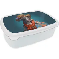 MuchoWow Broodtrommel Wit - Lunchbox - Brooddoos - Hond - Colbert - Bloemen - Hoed - Blauw - 18x12x6 cm - Volwassenen
