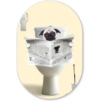 MuchoWow Muurovaal 60x90 cm - Ovale wanddecoratie Hond - Pug - Toilet - Krant - Dier - Ovalen schilderij - Muurdecoratie woonkamer - Kamer decoratie - Schilderijen - Wandcirkel