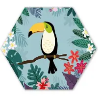 MuchoWow Hexagon wanddecoratie - Kunststof Wanddecoratie - Hexagon Schilderij - Toekan - Planten - Bloemen - Kinderen - Dieren - Kids - 75x65 cm