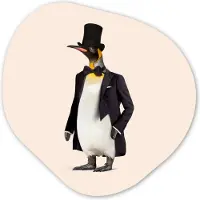 MuchoWow Organische wanddecoratie 60x60 cm - Organisch schilderij Pinguïn - Dier - Hoed - Colbert - Zwart - Muurdecoratie woonkamer - Kamer decoratie - Schilderijen - Muurcirkel aesthetic