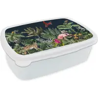 MuchoWow Broodtrommel Wit - Lunchbox - Brooddoos - Jungle - Planten - Dieren - Kinderen - Flamingo - Zebra - 18x12x6 cm - Volwassenen