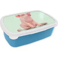 MuchoWow Broodtrommel Blauw - Lunchbox - Brooddoos - Varken - Roze - Bril - Stopcontact - Dieren - 18x12x6 cm - Kinderen - Jongen