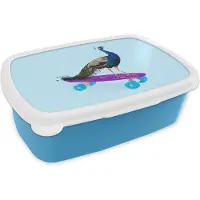 MuchoWow Broodtrommel Blauw - Lunchbox - Brooddoos - Pauw - Blauw - Skateboard - Dieren - Grappig - 18x12x6 cm - Kinderen - Jongen