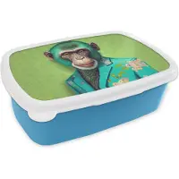 MuchoWow Broodtrommel Blauw - Lunchbox - Brooddoos - Aap - Colbert - Bloemen - Neon - Portret - 18x12x6 cm - Kinderen - Jongen
