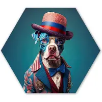 MuchoWow Hexagon wanddecoratie - Kunststof Wanddecoratie - Hexagon Schilderij - Hond - Hoed - Colbert - Bloemen - Blauw - 120x103 cm