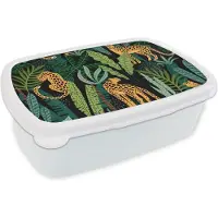 MuchoWow Broodtrommel Wit - Lunchbox - Brooddoos - Jungle - Panter - Patronen - Jongens - Meiden - Planten - 18x12x6 cm - Volwassenen