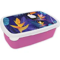 MuchoWow Broodtrommel Roze - Lunchbox - Brooddoos - Jungle - Toekan - Bloemen - Planten - Kinderen - Paars - Dieren - 18x12x6 cm - Kinderen - Meisje