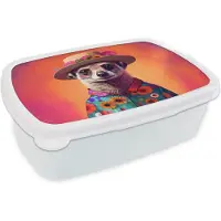 MuchoWow Broodtrommel Wit - Lunchbox - Brooddoos - Meerkat - Bloemen - Hoed - Dieren - Portret - 18x12x6 cm - Volwassenen