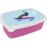 MuchoWow Broodtrommel Roze - Lunchbox - Brooddoos - Pauw - Blauw - Skateboard - Dieren - Grappig - 18x12x6 cm - Kinderen - Meisje