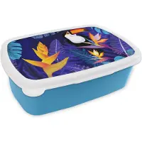 MuchoWow Broodtrommel Blauw - Lunchbox - Brooddoos - Jungle - Toekan - Bloemen - Planten - Kinderen - Paars - Dieren - 18x12x6 cm - Kinderen - Jongen
