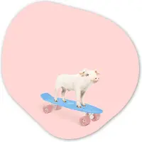 MuchoWow Organische wanddecoratie 90x90 cm - Organisch schilderij Varken - Roze - Skateboard - Blauw - Dieren - Muurdecoratie woonkamer - Kamer decoratie - Schilderijen - Muurcirkel aesthetic