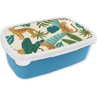 MuchoWow Broodtrommel Blauw - Lunchbox - Brooddoos - Jungle - Luipaard - Planten - Patroon - Meiden - Jongens - 18x12x6 cm - Kinderen - Jongen