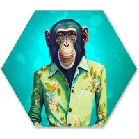 MuchoWow Hexagon wanddecoratie - Kunststof Wanddecoratie - Hexagon Schilderij - Aap - Blouse - Bloemen - Groen - Portret - 120x103 cm