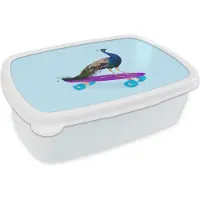 MuchoWow Broodtrommel Wit - Lunchbox - Brooddoos - Pauw - Blauw - Skateboard - Dieren - Grappig - 18x12x6 cm - Volwassenen