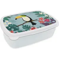 MuchoWow Broodtrommel Wit - Lunchbox - Brooddoos - Toekan - Planten - Bloemen - Kinderen - Dieren - Kids - 18x12x6 cm - Volwassenen