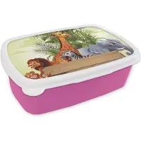MuchoWow Broodtrommel Roze - Lunchbox - Brooddoos - Jungle dieren - Natuur - Planken - Kinderen - Giraffe - 18x12x6 cm - Kinderen - Meisje