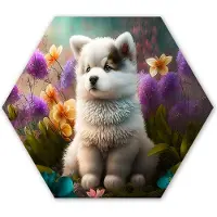 MuchoWow Hexagon wanddecoratie - Kunststof Wanddecoratie - Hexagon Schilderij - Puppy - Bloemen - Planten - Natuur - Husky - 120x103 cm