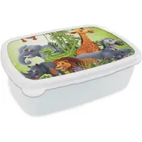 MuchoWow Broodtrommel Wit - Lunchbox - Brooddoos - Jungle dieren - Planten - Kinderen - Olifant - Giraf - Leeuw - 18x12x6 cm - Volwassenen