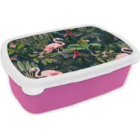 MuchoWow Broodtrommel Roze - Lunchbox - Brooddoos - Jungledieren - Patroon - Kinderen - Flamingo - Papegaai - Kids - 18x12x6 cm - Kinderen - Meisje