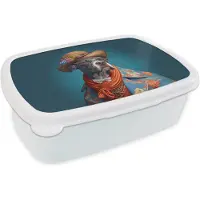MuchoWow Broodtrommel Wit - Lunchbox - Brooddoos - Hond - Colbert - Bloemen - Hoed - Blauw - 18x12x6 cm - Volwassenen