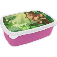 MuchoWow Broodtrommel Roze - Lunchbox - Brooddoos - Aap - Jungle - Jongens - Meisjes - Bloemen - Kids - 18x12x6 cm - Kinderen - Meisje