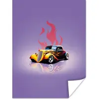 PosterMonkey Poster Auto - Paars - Vlammen - Vintage - 30x40 cm