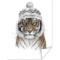 PosterMonkey Poster Tijger - Muts - Winter - Wit - 120x160 cm XXL
