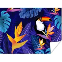 PosterMonkey Poster Jungle - Toekan - Bloemen - Planten - Kinderen - Paars - Dieren - 160x120 cm XXL - Poster Meisjeskamer - Poster Kinderkamer Meisje