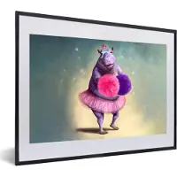 PosterMonkey Poster met lijst - Nijlpaard - Bloemen - Rok - Roze - Portret - Kader - 60x40 cm - Fotolijst - Frame poster