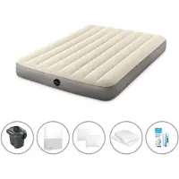Intex luchtbed - 2 personen - 137 x 191 x 25 cm - Beige + elektrische pomp - 650 liter/minuut + hoeslaken wit + kussen + molton 2-in-1 kussenslopen + reparatieset