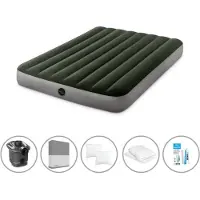 Intex luchtbed - 2 personen - 137 x 191 x 25 cm - Groen - Met pomp + spannenhoes antraciet + hoofdkussen + molton 2-in-1 kussenslopen + reparatieset