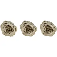 Cosy & Trendy 3x stuks decoratie bloemen roos champagne glitter op clip 18 cm - Kunstbloemen