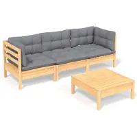 vidaXL 4-delige loungeset voor de tuin met grijze kussens, gemaakt van grenenhout