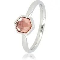 My Bendel - Ring Zilverkleurig met Roze Vintage Glassteen Hexa - Zilverkleurige Ring - Zeshoek - Donkerroze Glassteen - met Luxe Cadeauverpakking | Sieraden Voor Dames | Maat 19.00 Mm / Maat 60
