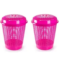 Forte Plastics 2x Stuks Ronde Wasmanden Met Deksel Van 50 Liter In Het Roze - Wasmanden
