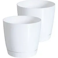 Prosperplast Set van 2x stuks plantenpotten/bloempotten kunststof glanzend parel wit dia 13.5 x hoogte 12.5 cm - Plantenpotten