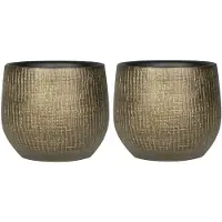 Ter Steege 2x stuks plantenpotten/bloempotten in een strakke Modern design look metaal goud Dia 15 cm en Hoogte - Plantenpotten