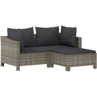 vidaXL 3-delige Loungeset met kussens poly rattan grijs