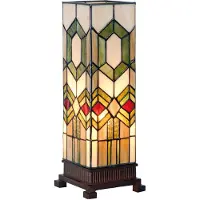 Clayre & Eef LumiLamp Tiffany Tafellamp 12x35 cm Groen Bruin Glas Vierkant Tiffany Bureaulamp Groen Tiffany Bureaulamp