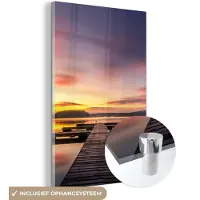 MuchoWow Glasschilderij - Schilderij natuur - Zonsondergang - Water - Pier - Landschap - Acrylplaat - Foto op glas - Glazen schilderij - Glas schilderij - Acrylglas - 120x180 cm - Schilderijen woonkamer