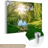 MuchoWow - Glasschilderij - Acrylplaat - Zon - Gras - Natuur - Park - Boom - Muurdecoratie - Foto op glas - Wanddecoratie - 180x120 cm - Schilderij glas - Acrylglas - Muurdecoratie