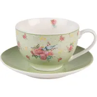 Clayre & Eef Kop en schotel 200 ml Groen Beige Porselein Bloemen Servies Groen Servies