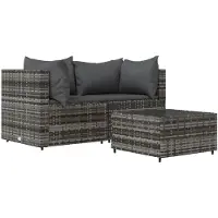 vidaXL 3-delige Loungeset met kussens poly rattan grijs