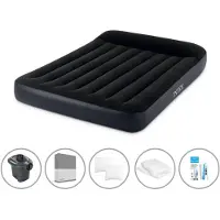 Intex luchtbed - 2 personen - 137 x 191 x 25 cm - Zwart + elektrische pomp - 650 liter/minuut + Spanlakens grijs + Kussens + Molton kussenslopen (2-in-1) + Reparatieset
