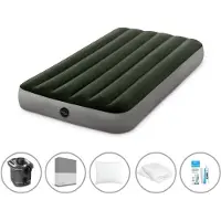 Intex luchtbed - 1 persoon - 99 x 191 x 25 cm - Groen - Met pomp + spannenlaken antraciet + hoofdkussen + molton 2-in-1 kussenslopen + reparatieset