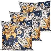 Anna's Collection buitenkussen bloem - 3x - blauw/geel - 45 x 45 cm - Water en UV bestendig