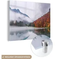 MuchoWow Glasschilderij 160x120 cm - Schilderij acrylglas - Herfst - Mist - Water - Landschap - Foto op glas - Schilderijen